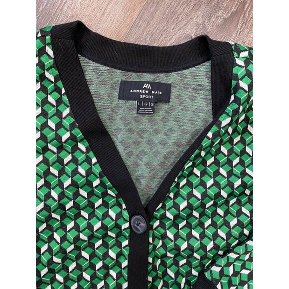 Andrew Marc Sport Green & Black Geometric Pattern Button-Up Preppy Cardigan L - Picture 3 of 5